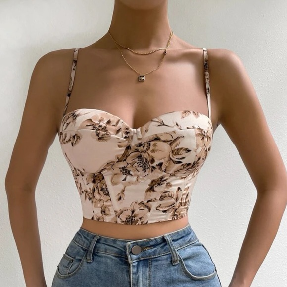 Boho floral print lace up back bustier corset tube satin top - Picture 16 of 16